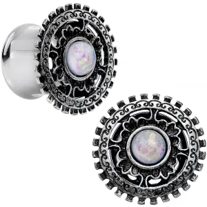 1/2 White Faux Opal Steel Finely Framed Double Flare Plug Set