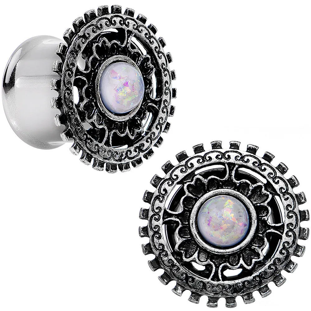 1/2 White Faux Opal Steel Finely Framed Double Flare Plug Set