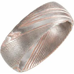 18K Rose Gold PVD Damascus Steel 8 mm Patterned Half Round Band Size 12