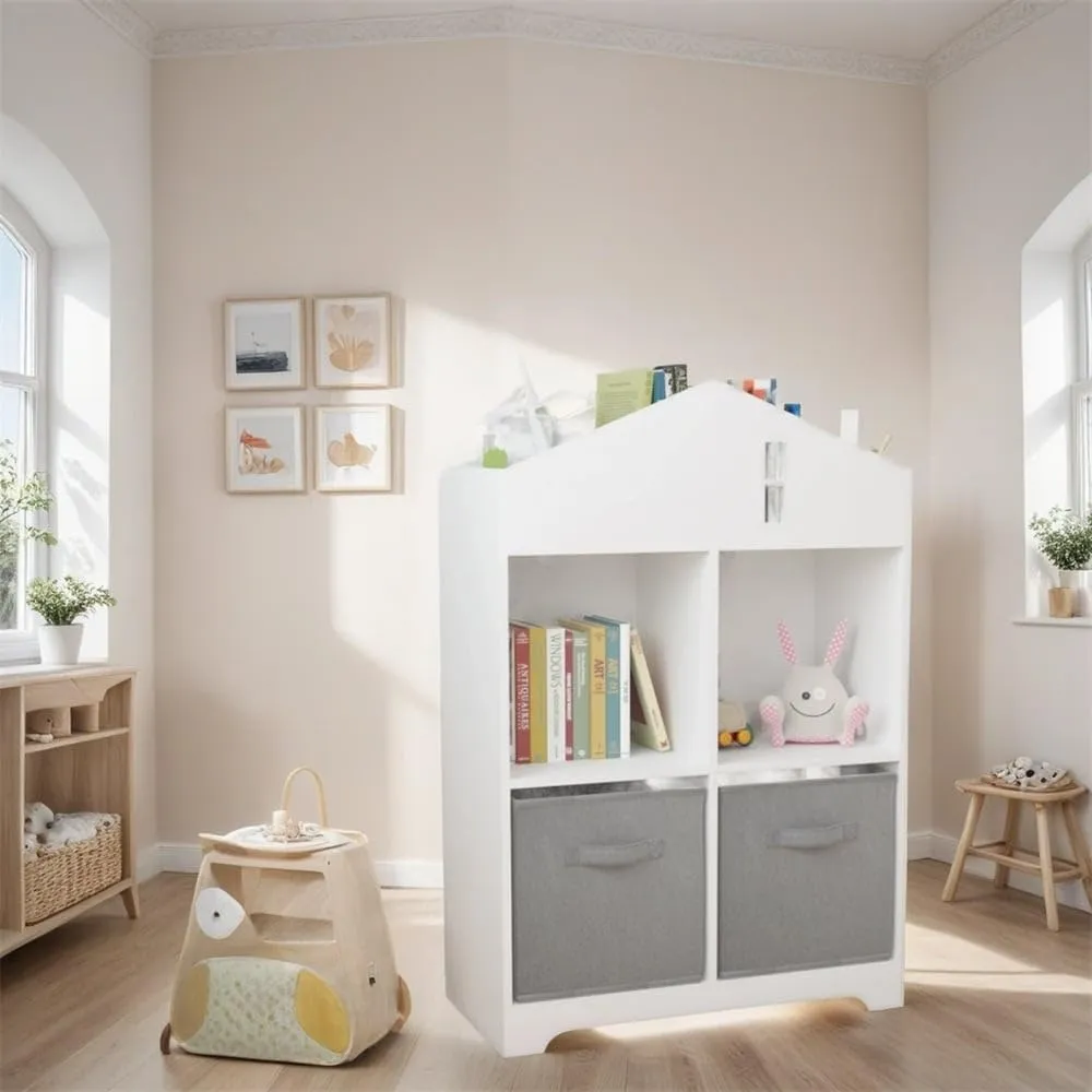 2-Tier Kids Bookcase with Storage and Collapsible Fabric Drawers White