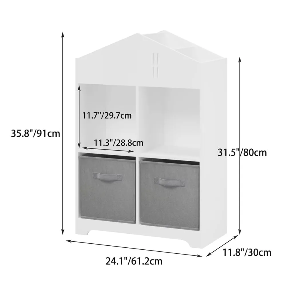 2-Tier Kids Bookcase with Storage and Collapsible Fabric Drawers White