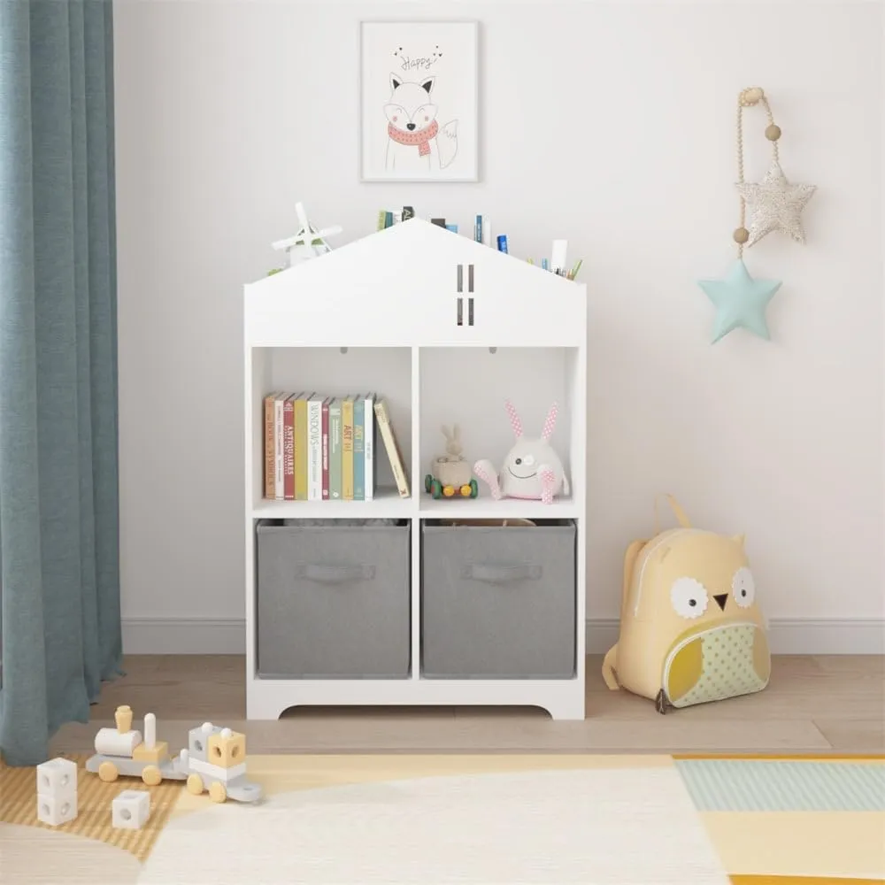 2-Tier Kids Bookcase with Storage and Collapsible Fabric Drawers White