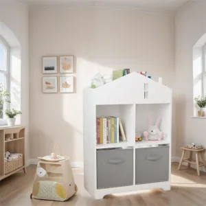 2-Tier Kids Bookcase with Storage and Collapsible Fabric Drawers White