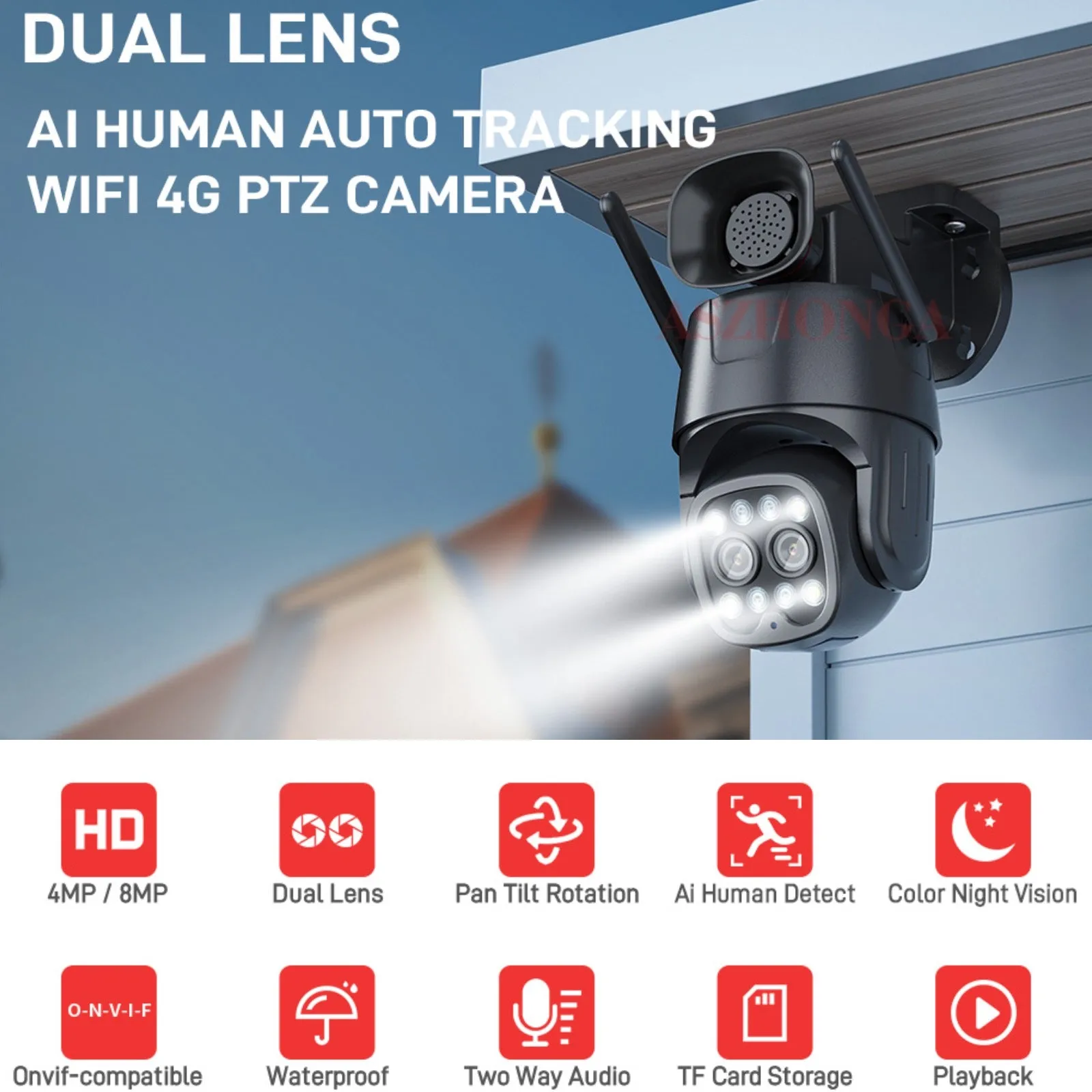 4G Camera 8MP Dual Lens (4MP 4MP) 1080p UHD AI Human Tracking 10X Zoom 360º PTZ