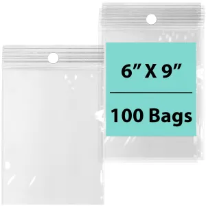 6X9 inches Reclosable Poly Bags with Hang Hole 4 Mil (LDPE) Single Track Zipper