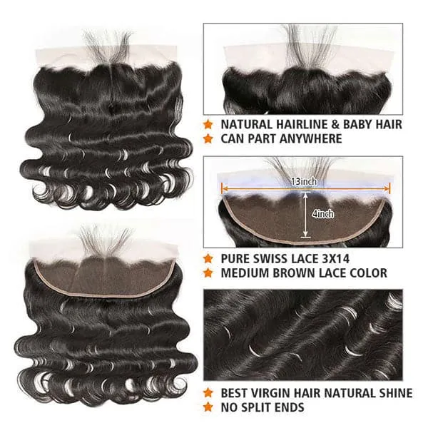 Alipop Hair Body Wave 3 Bundles with Lace Frontal 100% Human Hair Body Wave Bundles Natural Color