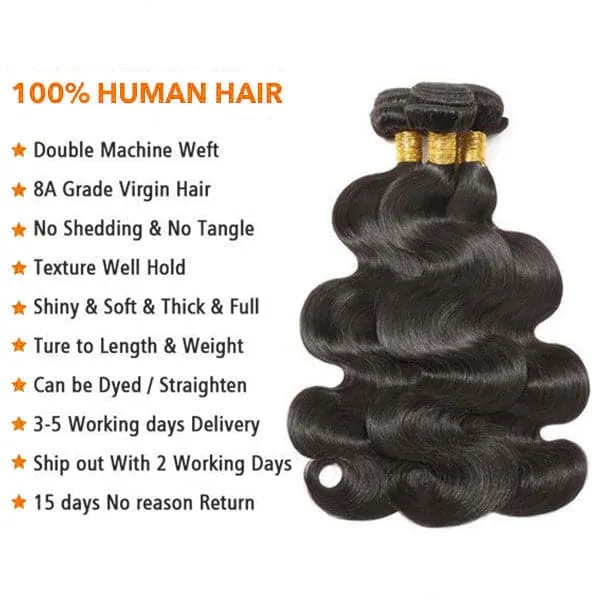 Alipop Hair Body Wave 3 Bundles with Lace Frontal 100% Human Hair Body Wave Bundles Natural Color