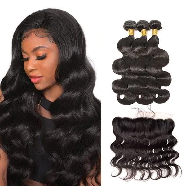 Alipop Hair Body Wave 3 Bundles with Lace Frontal 100% Human Hair Body Wave Bundles Natural Color