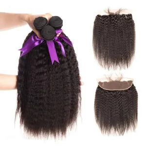 Alipop Hair Kinky Straight 3 Bundles With Lace Frontal 100% Unprocessed Malaysian Virgin Human Hair Natural Color