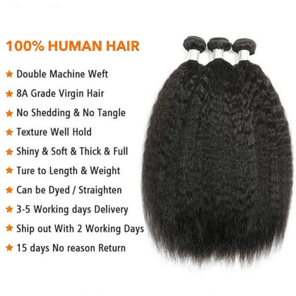 Alipop Hair Kinky Straight 3 Bundles With Lace Frontal 100% Unprocessed Malaysian Virgin Human Hair Natural Color