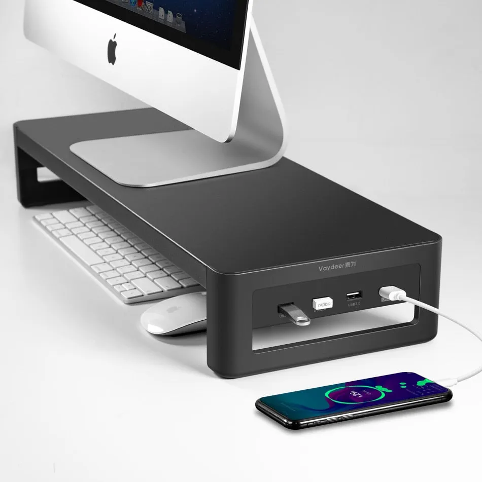 Aluminium Monitor Stand with USB3.0 Hub Supports Data Transfer and Wireless Charging for Laptop and PC