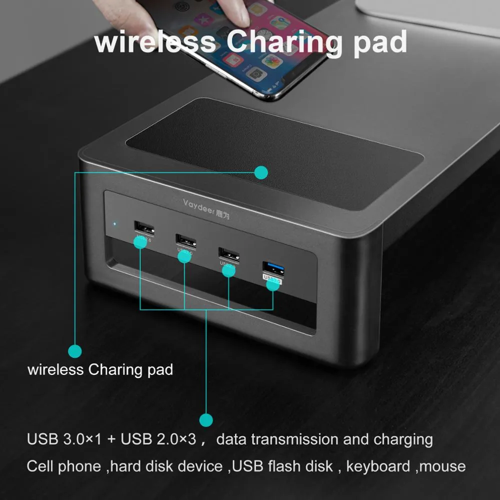 Aluminium Monitor Stand with USB3.0 Hub Supports Data Transfer and Wireless Charging for Laptop and PC