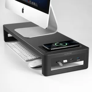 Aluminium Monitor Stand with USB3.0 Hub Supports Data Transfer and Wireless Charging for Laptop and PC