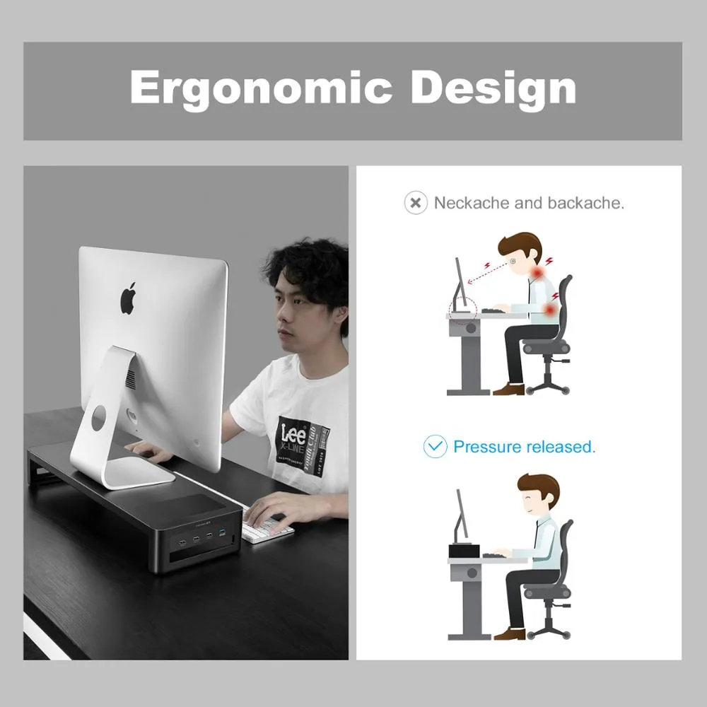 Aluminium Monitor Stand with USB3.0 Hub Supports Data Transfer and Wireless Charging for Laptop and PC