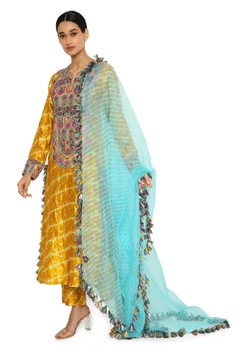 Anansi Mustard Colour Leheriya Silk Embroidered Kurta And Palazzo With Aqua Leheriya Organza Dupatta
