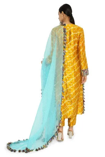 Anansi Mustard Colour Leheriya Silk Embroidered Kurta And Palazzo With Aqua Leheriya Organza Dupatta