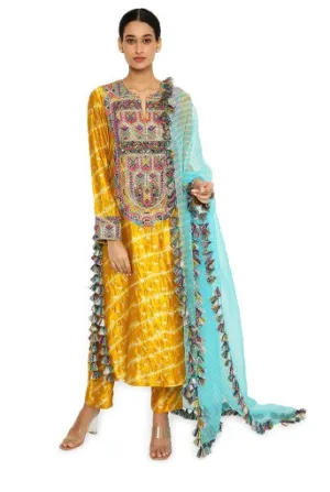 Anansi Mustard Colour Leheriya Silk Embroidered Kurta And Palazzo With Aqua Leheriya Organza Dupatta