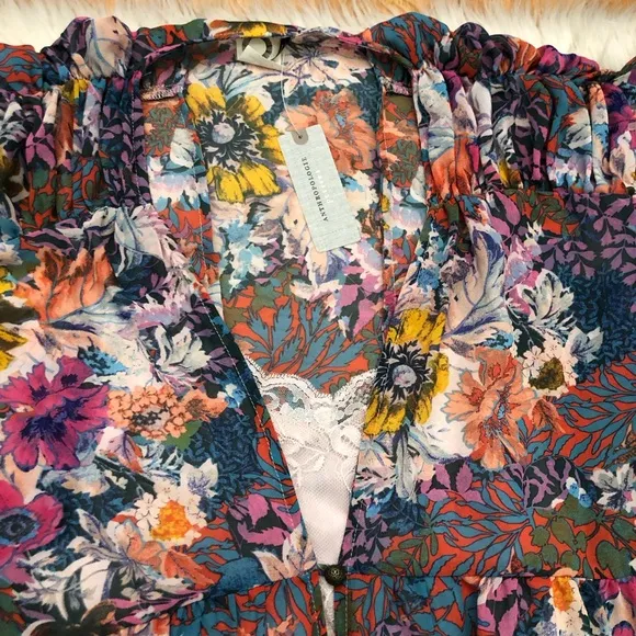 Anthropologie Akemi Kin Valencia Sheer Multicolor Floral Ruched Sleeves Dress MP