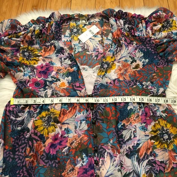 Anthropologie Akemi Kin Valencia Sheer Multicolor Floral Ruched Sleeves Dress MP