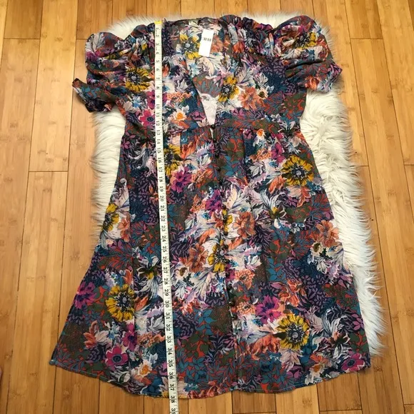Anthropologie Akemi Kin Valencia Sheer Multicolor Floral Ruched Sleeves Dress MP