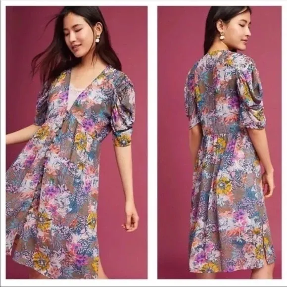 Anthropologie Akemi Kin Valencia Sheer Multicolor Floral Ruched Sleeves Dress MP