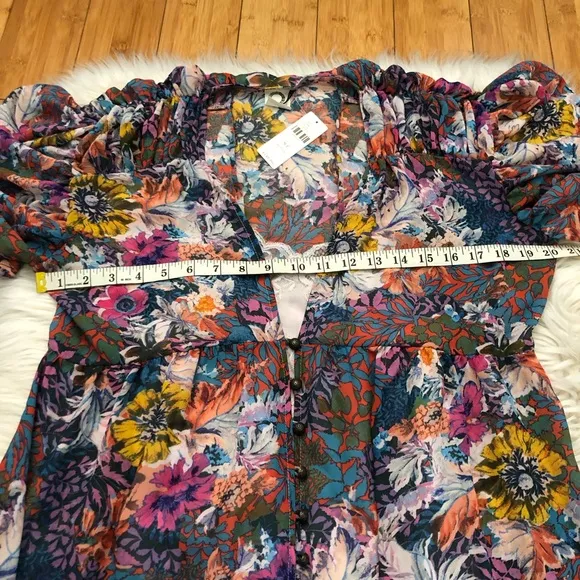 Anthropologie Akemi Kin Valencia Sheer Multicolor Floral Ruched Sleeves Dress MP