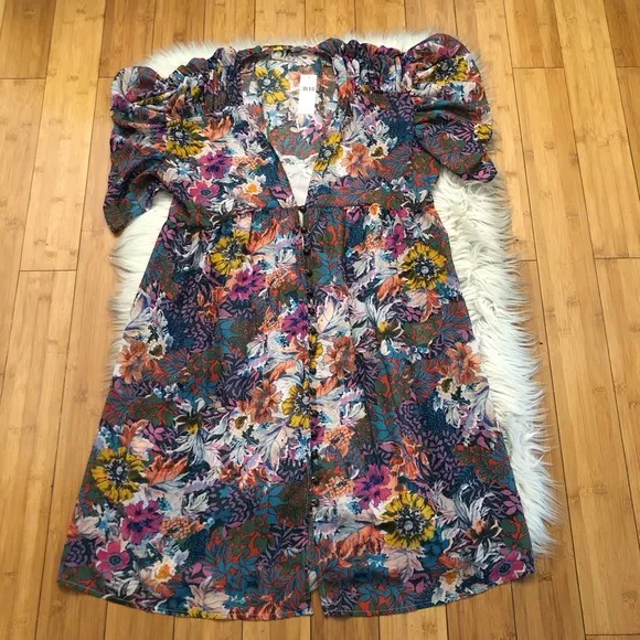Anthropologie Akemi Kin Valencia Sheer Multicolor Floral Ruched Sleeves Dress MP