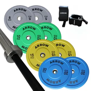 ARROW® 100Kg Coloured Bumper Weight Plate   15kg Bar   Lock Jaw Package