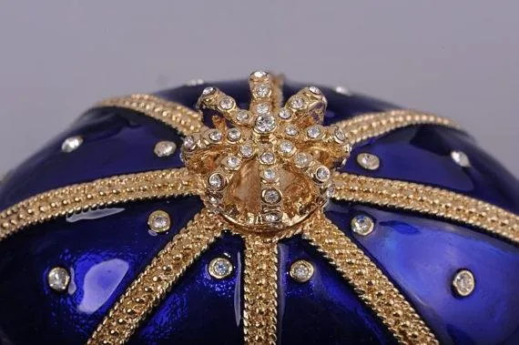 Blue & Gold Faberge Egg with Sailing Ship Inside