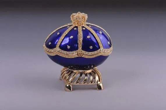 Blue & Gold Faberge Egg with Sailing Ship Inside