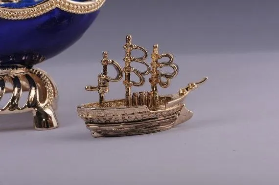 Blue & Gold Faberge Egg with Sailing Ship Inside