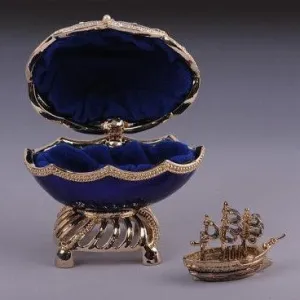 Blue & Gold Faberge Egg with Sailing Ship Inside
