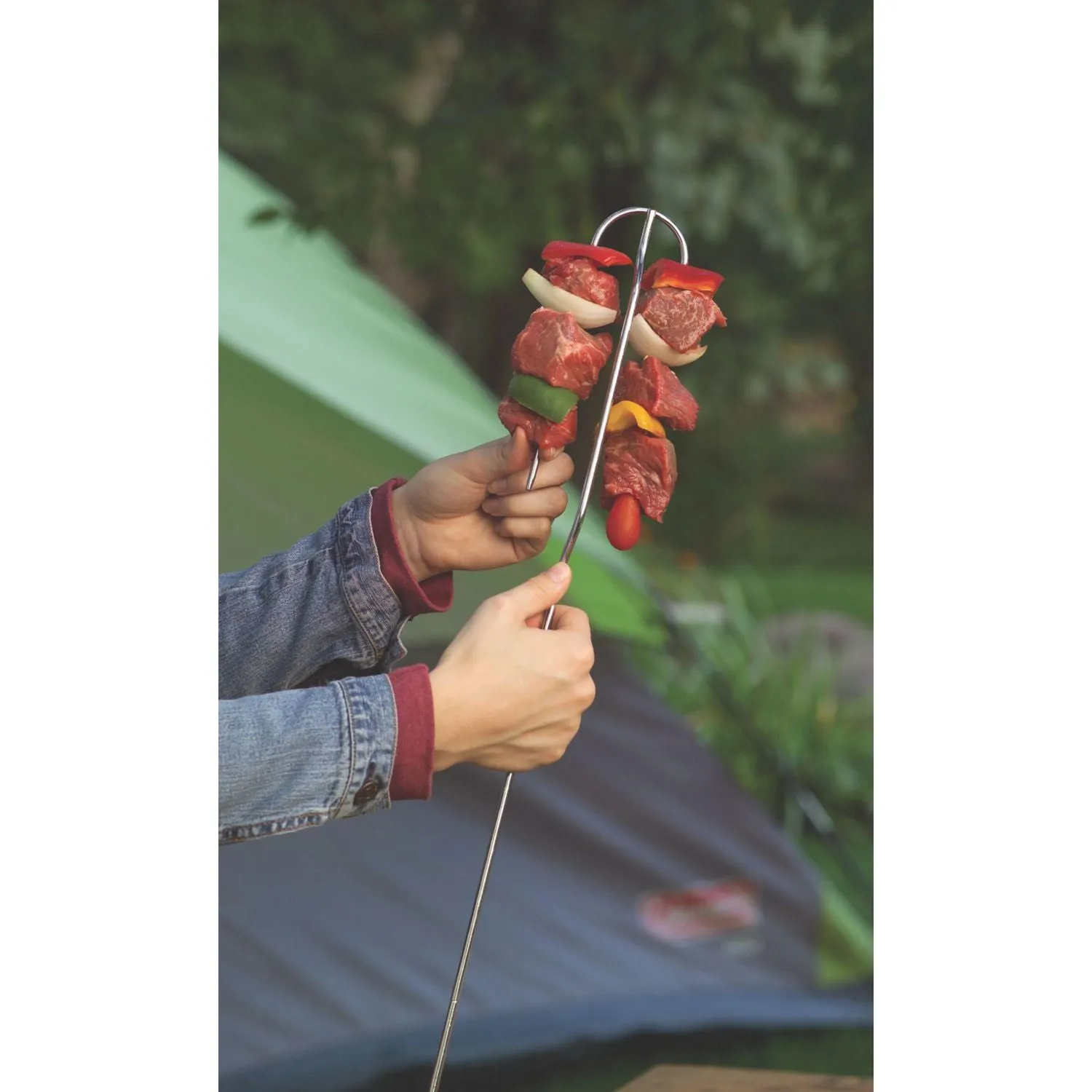 Brand new Coleman Collapsible Deluxe Cooking Fork! Breaks down for compact storage • Tines turn inward for safety • Chrome-plated steel • Stay cool wood handle