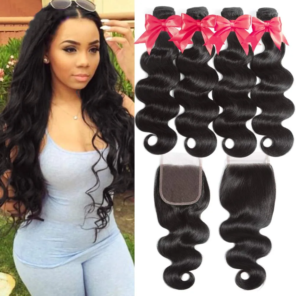 Brazilian Body Wave 4 Bundles With 4×4 Lace Closure  MYLOCKME