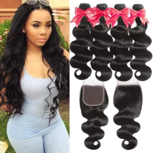 Brazilian Body Wave 4 Bundles With 4×4 Lace Closure  MYLOCKME