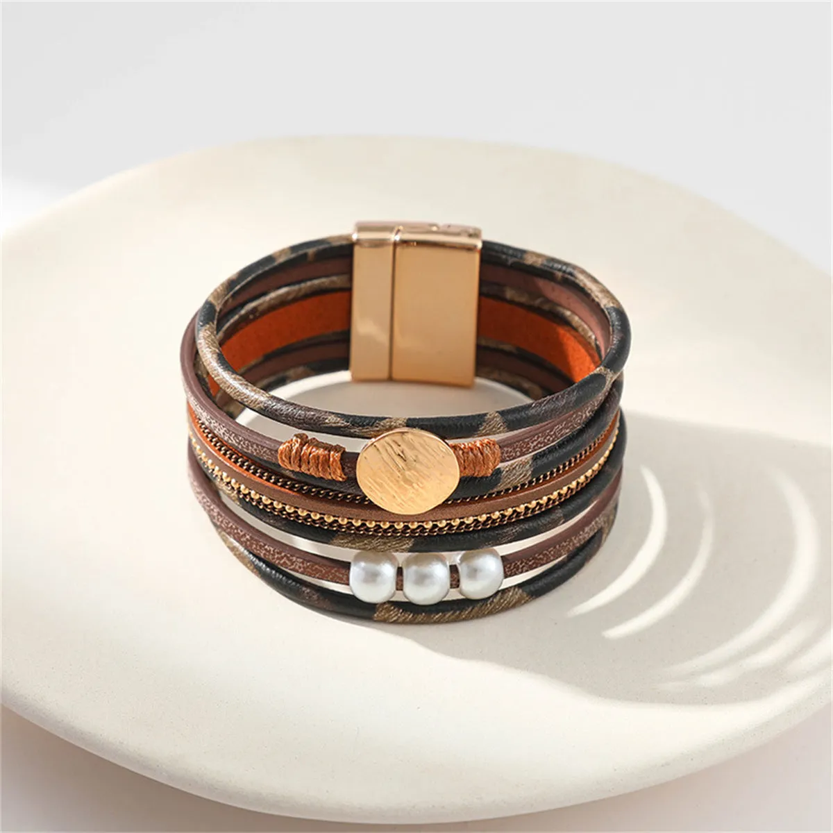 Bronze Polystyrene & Pearl 18K Gold-Plated Stacked Bracelet