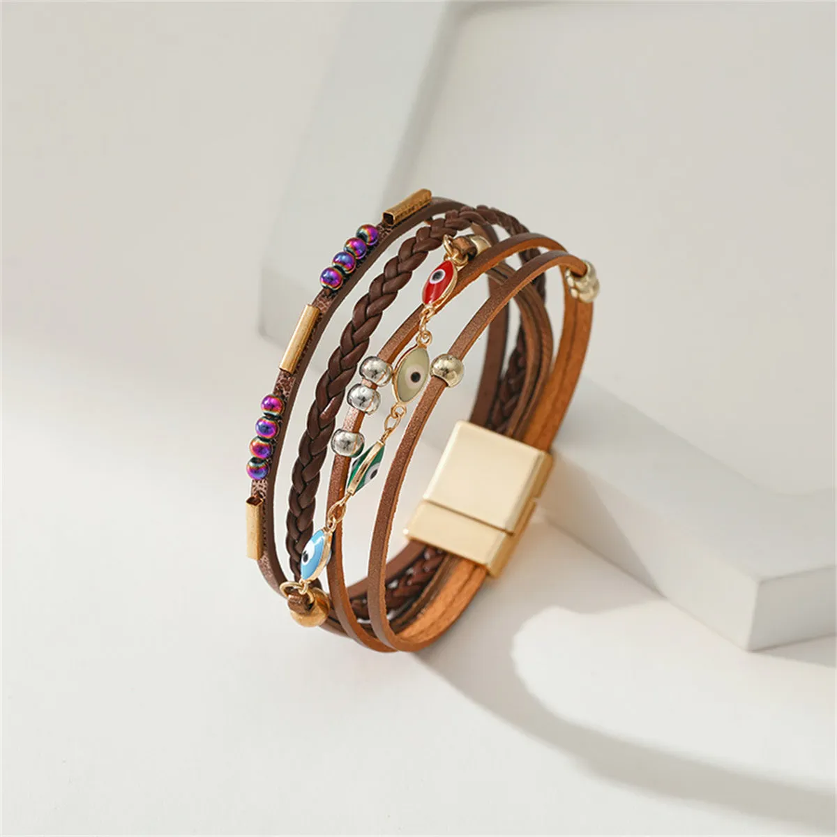 Brown Polystyrene & Enamel 18K Gold-Plated Evil Eye Multistrand Bracelet