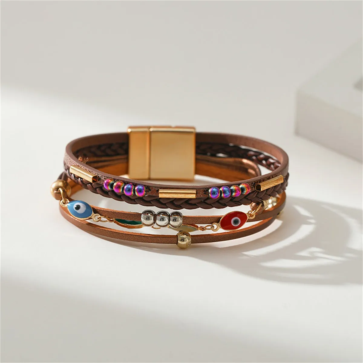 Brown Polystyrene & Enamel 18K Gold-Plated Evil Eye Multistrand Bracelet