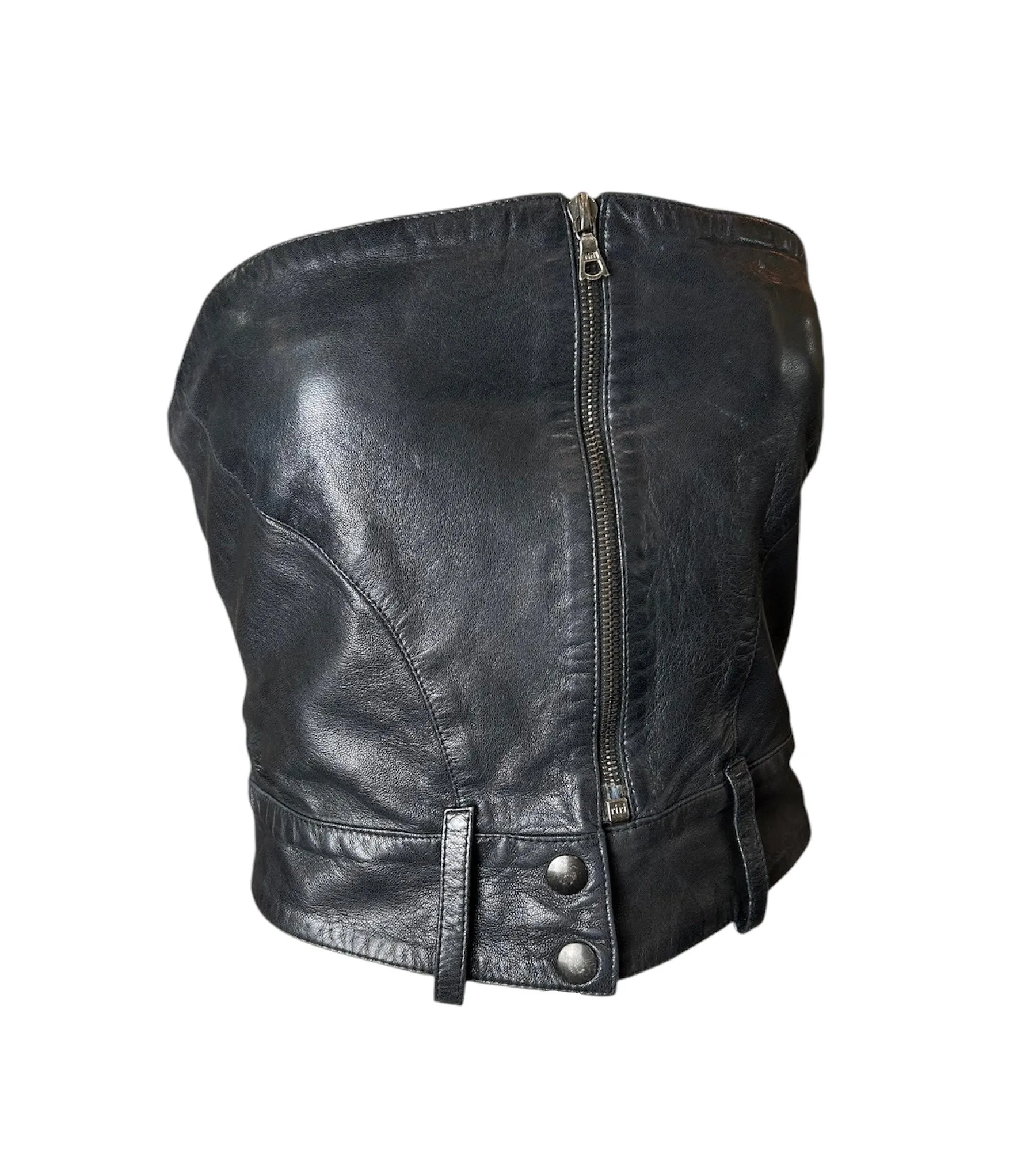 Claude Montana for Idéal-Cuir Late '70s Black Leather Zip Up Moto Bustier