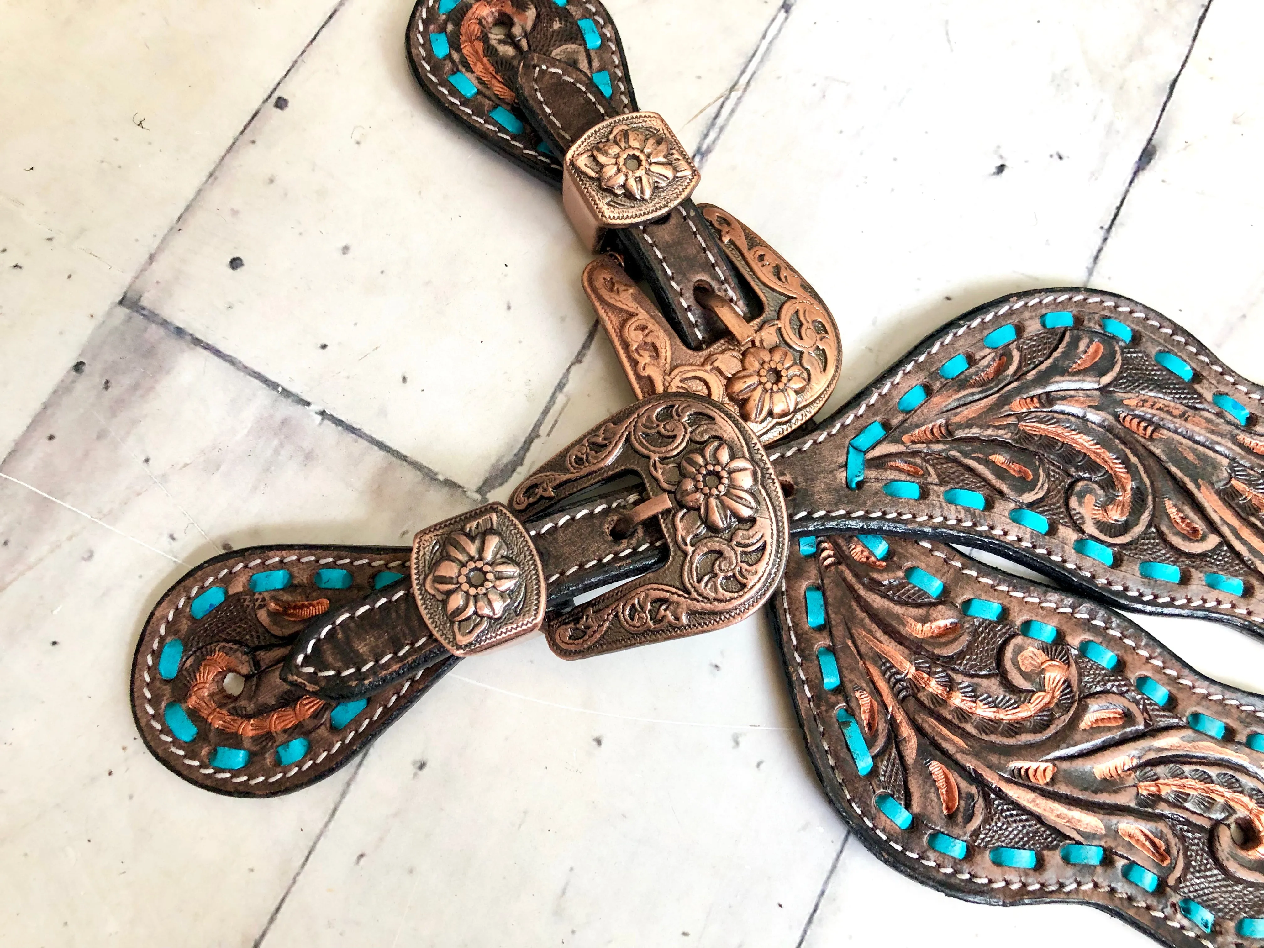 Copper Brushed Teal Buckstitch Spur Straps