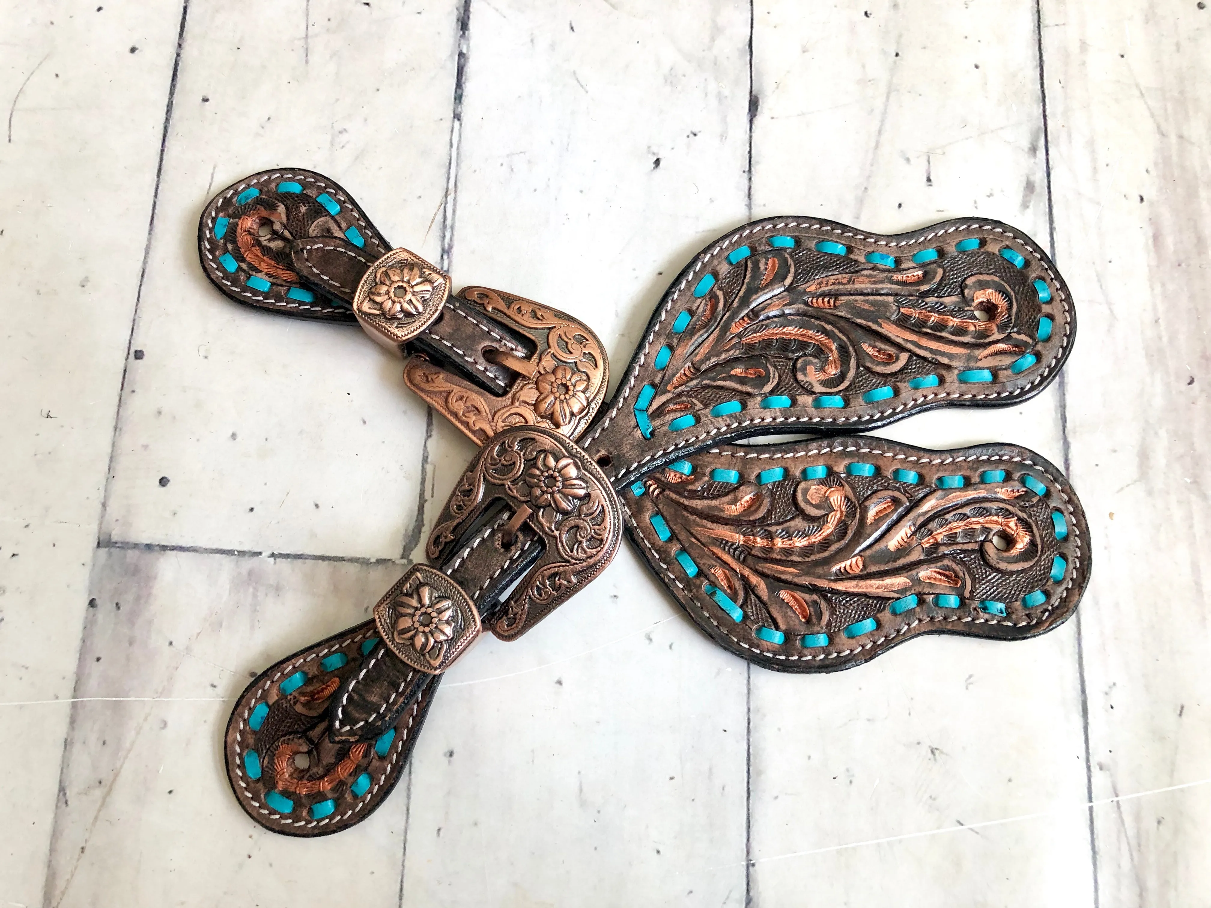 Copper Brushed Teal Buckstitch Spur Straps