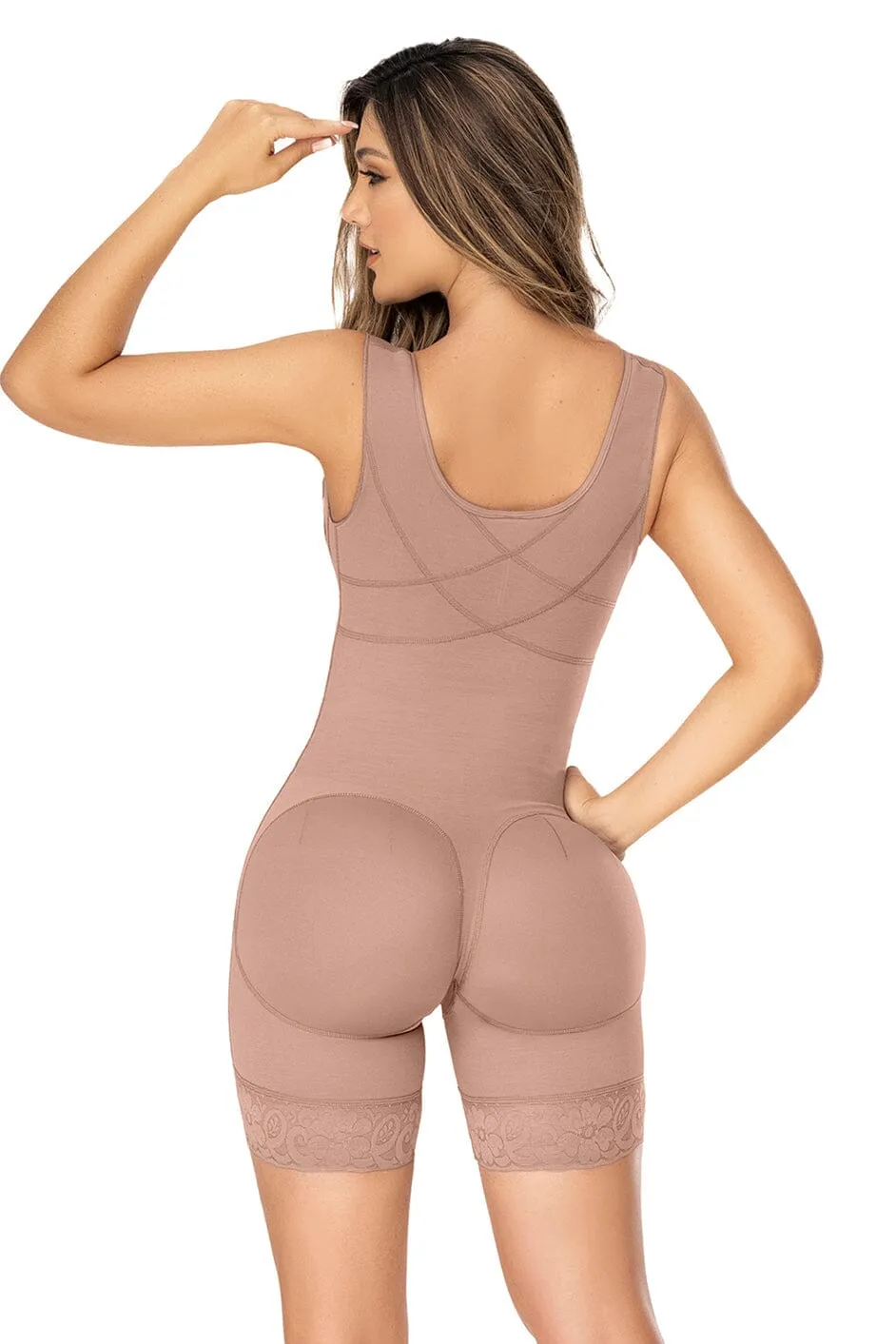 Cross Back Support Mid Length Shapewear with Snap Button Bra