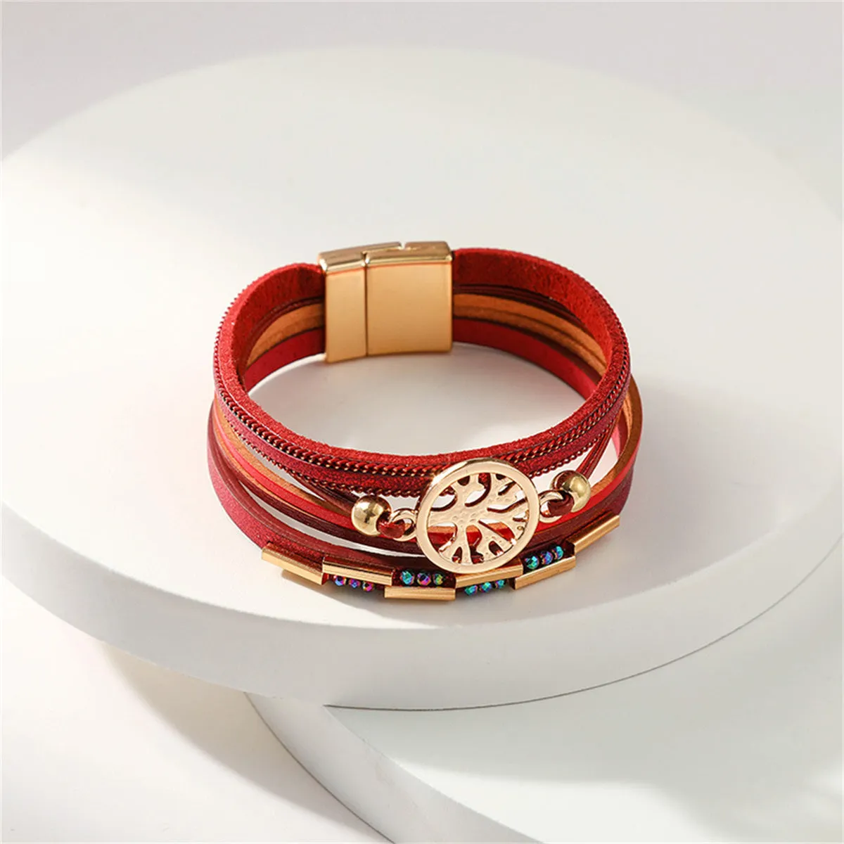 Cubic Zirconia & Red Polystyrene 18K Gold-Plated Tree Charm Layered Bracelet