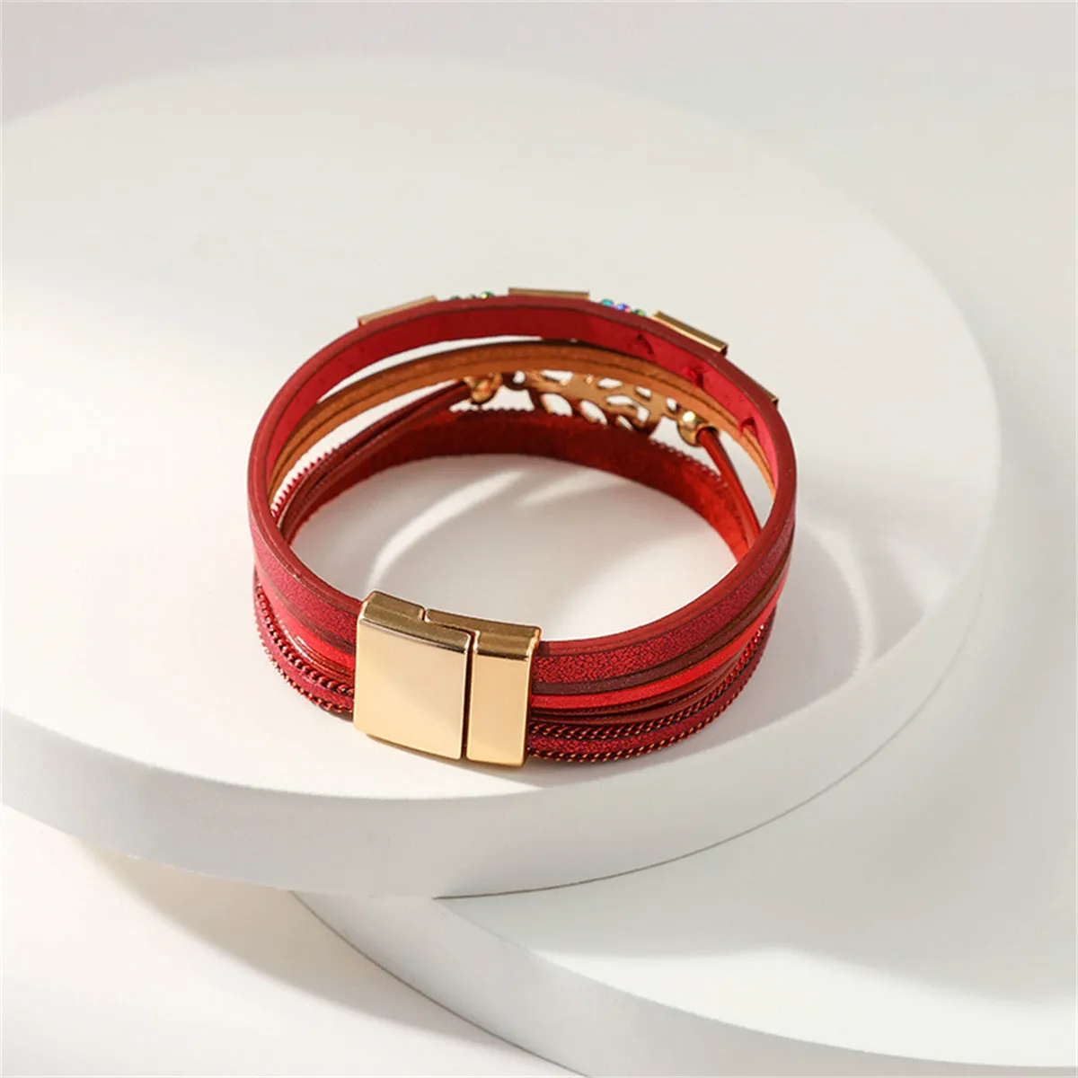 Cubic Zirconia & Red Polystyrene 18K Gold-Plated Tree Charm Layered Bracelet
