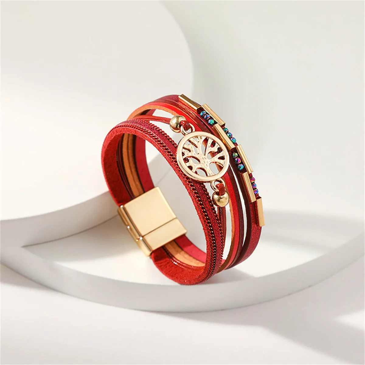 Cubic Zirconia & Red Polystyrene 18K Gold-Plated Tree Charm Layered Bracelet