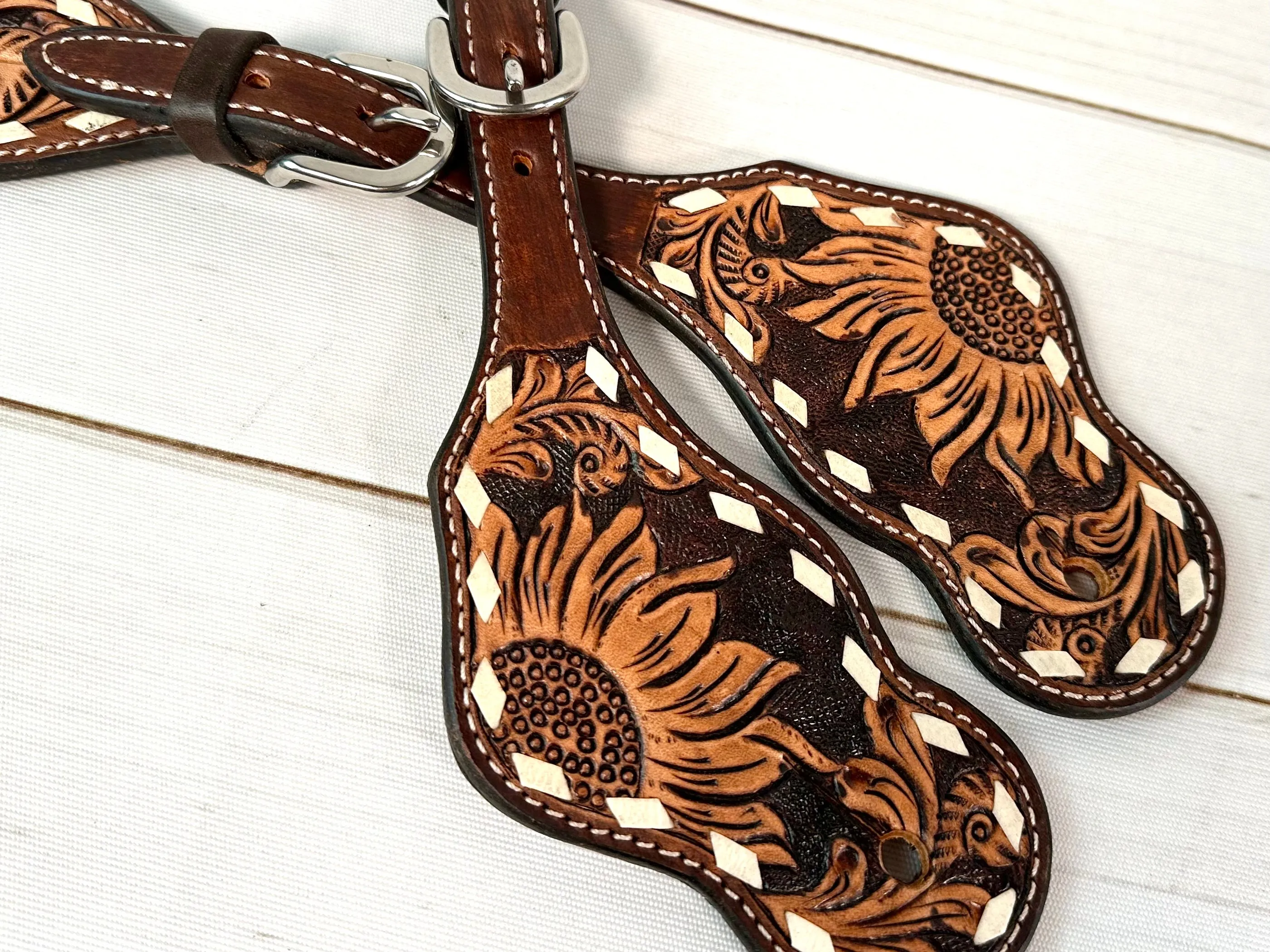 Dark Tooled Leather Sunflower Spur Straps