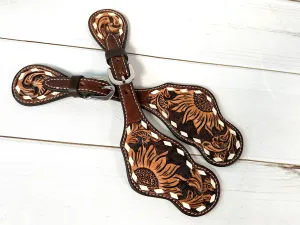 Dark Tooled Leather Sunflower Spur Straps