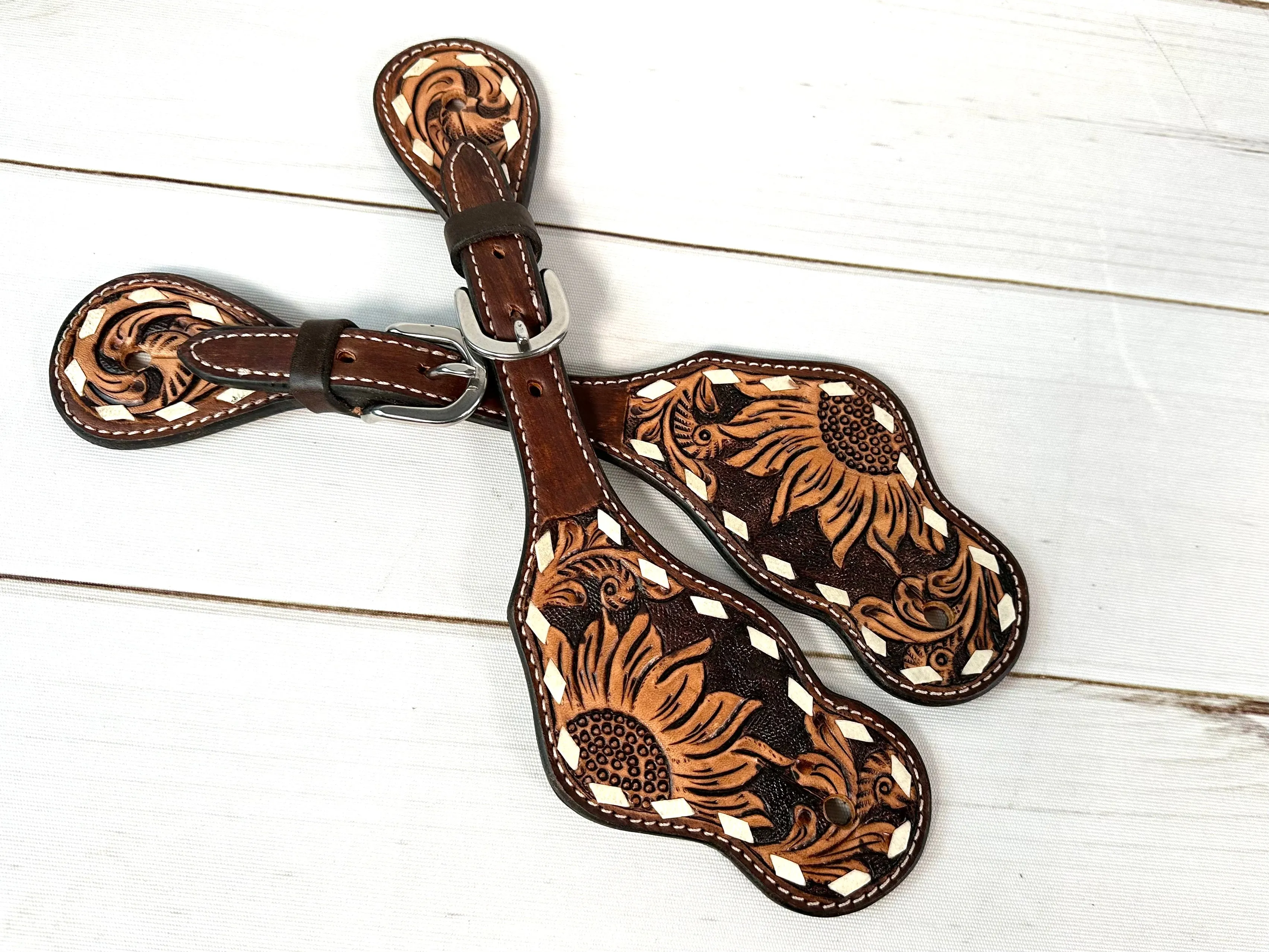 Dark Tooled Leather Sunflower Spur Straps