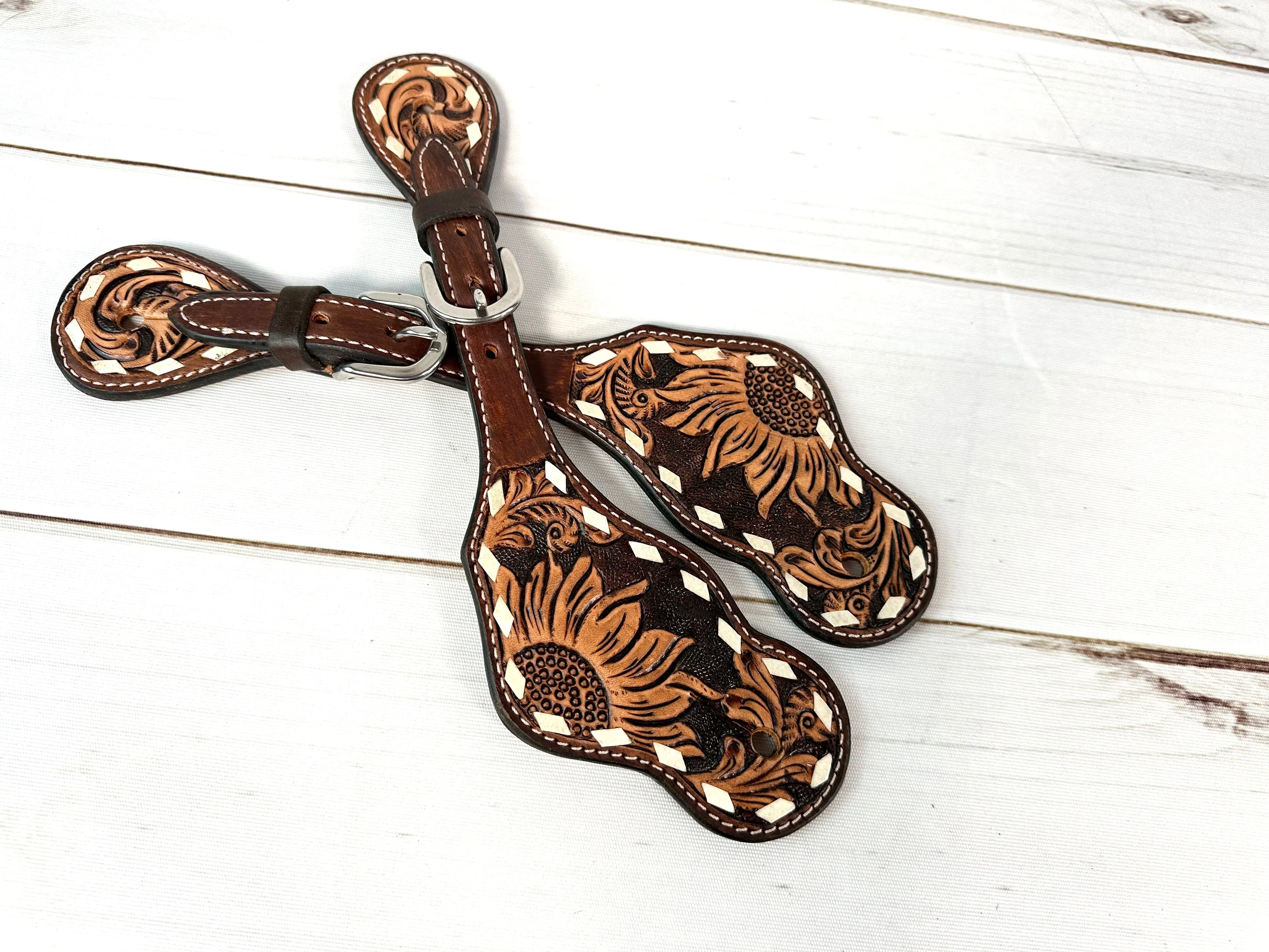 Dark Tooled Leather Sunflower Spur Straps