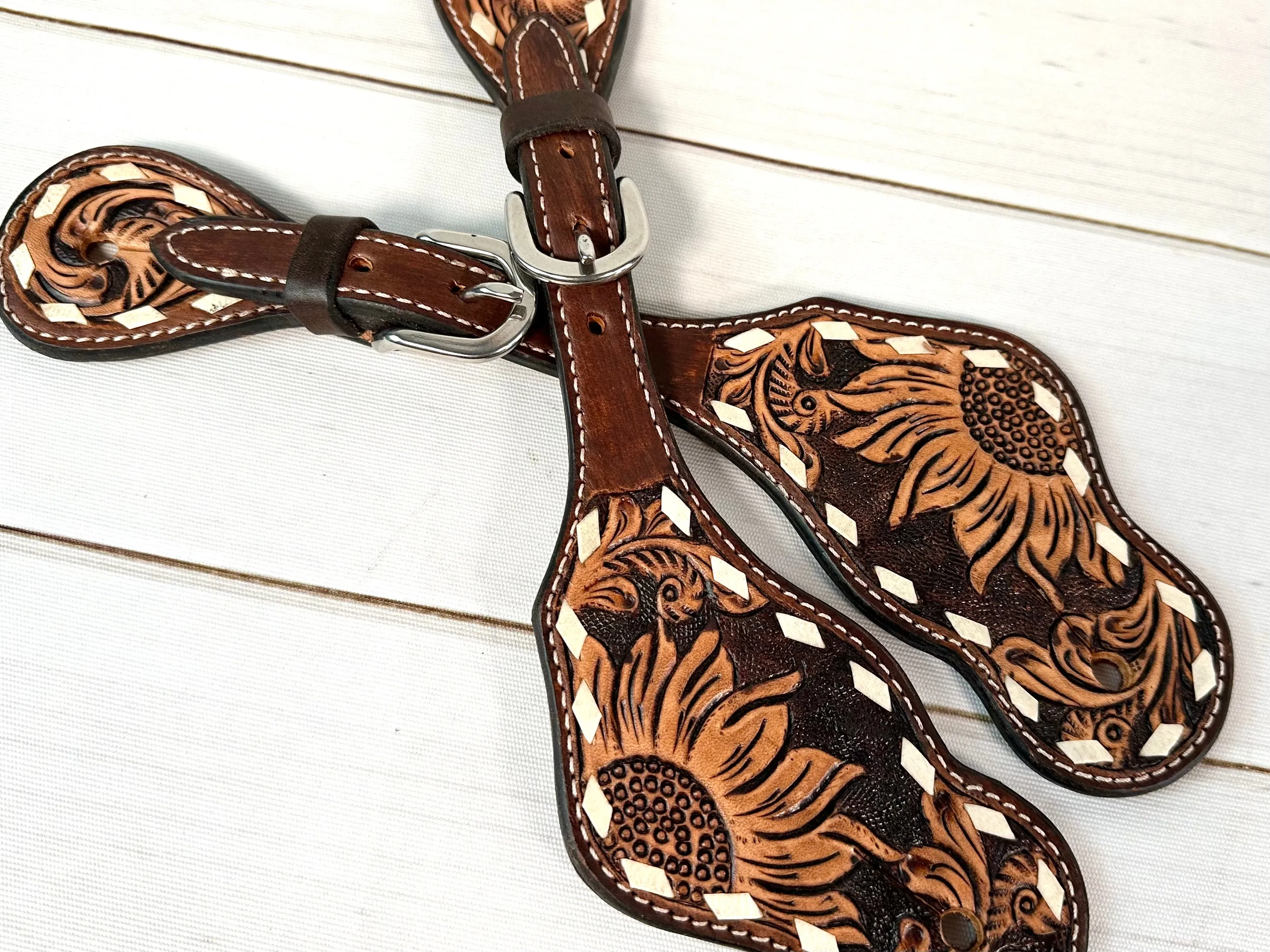 Dark Tooled Leather Sunflower Spur Straps